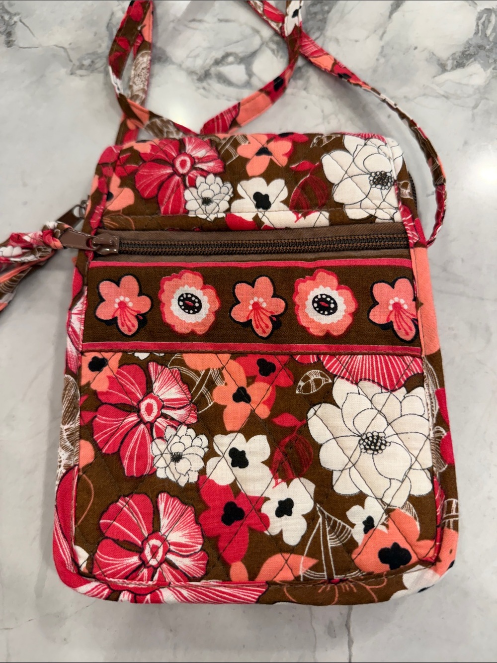 Brown and Pink Floral Crossbody Bag - Women's Quilted Shoulder Purse